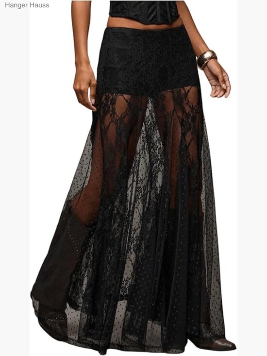 Dresses & Skirts - Lace Sheer Maxi Skirt Asymmetrical High Low Boho Goth